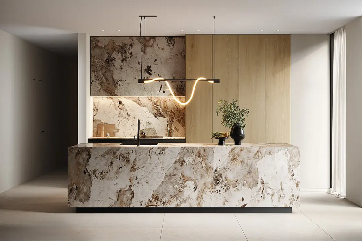 Luksusowa kuchnia w stylu modern z wyspą z kamienia